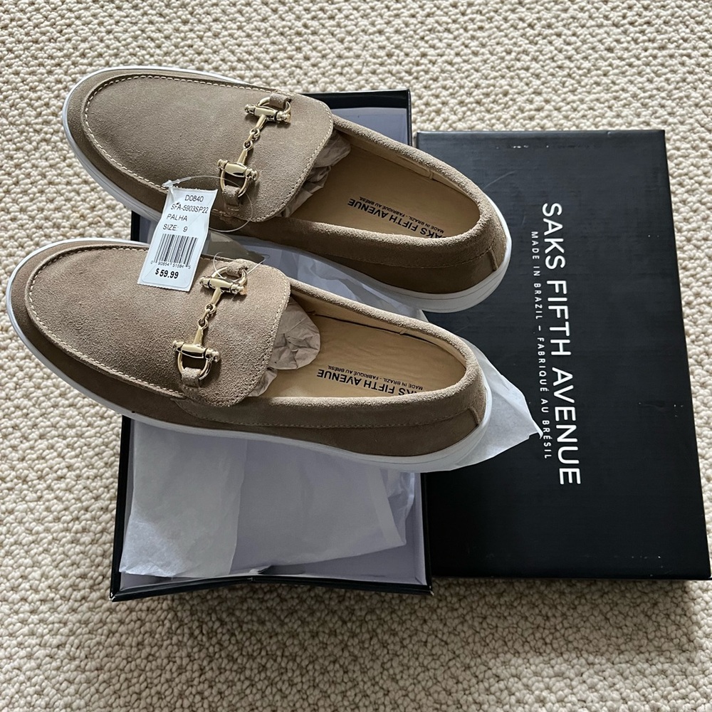 Saks Fifth Avenue Tan Loafers with Gold Accents
